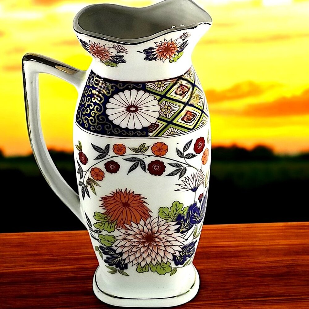 Colorful Japanese Imari Pitcher Multicolor Chrysanthemum & Lotus Flower 9 1/2 in